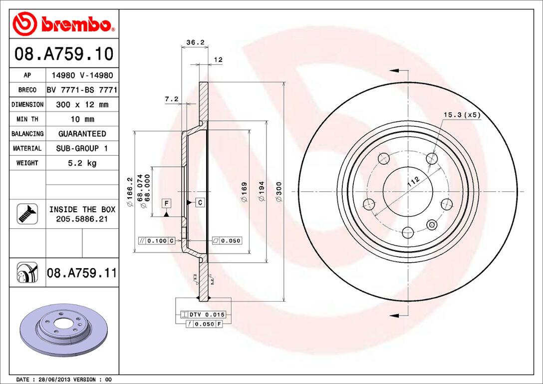 Audi Brembo Disc Brake Rotor - Rear (300mm) 8K0615601M